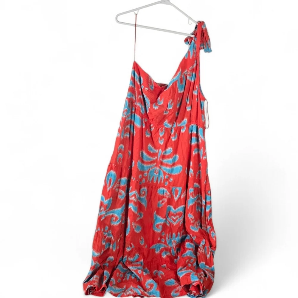 NWT Crown & Ivy One Shoulder Tie Maxi Sundress XL Orange Blue Ikat Print Pockets